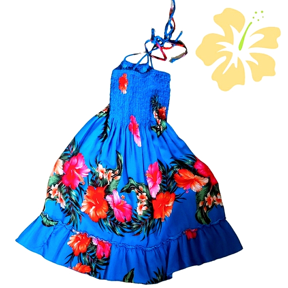 VTG 70s Hawaiian Day Glo Dress Authentic Muumu Sundress Flowing Shirred Tie On